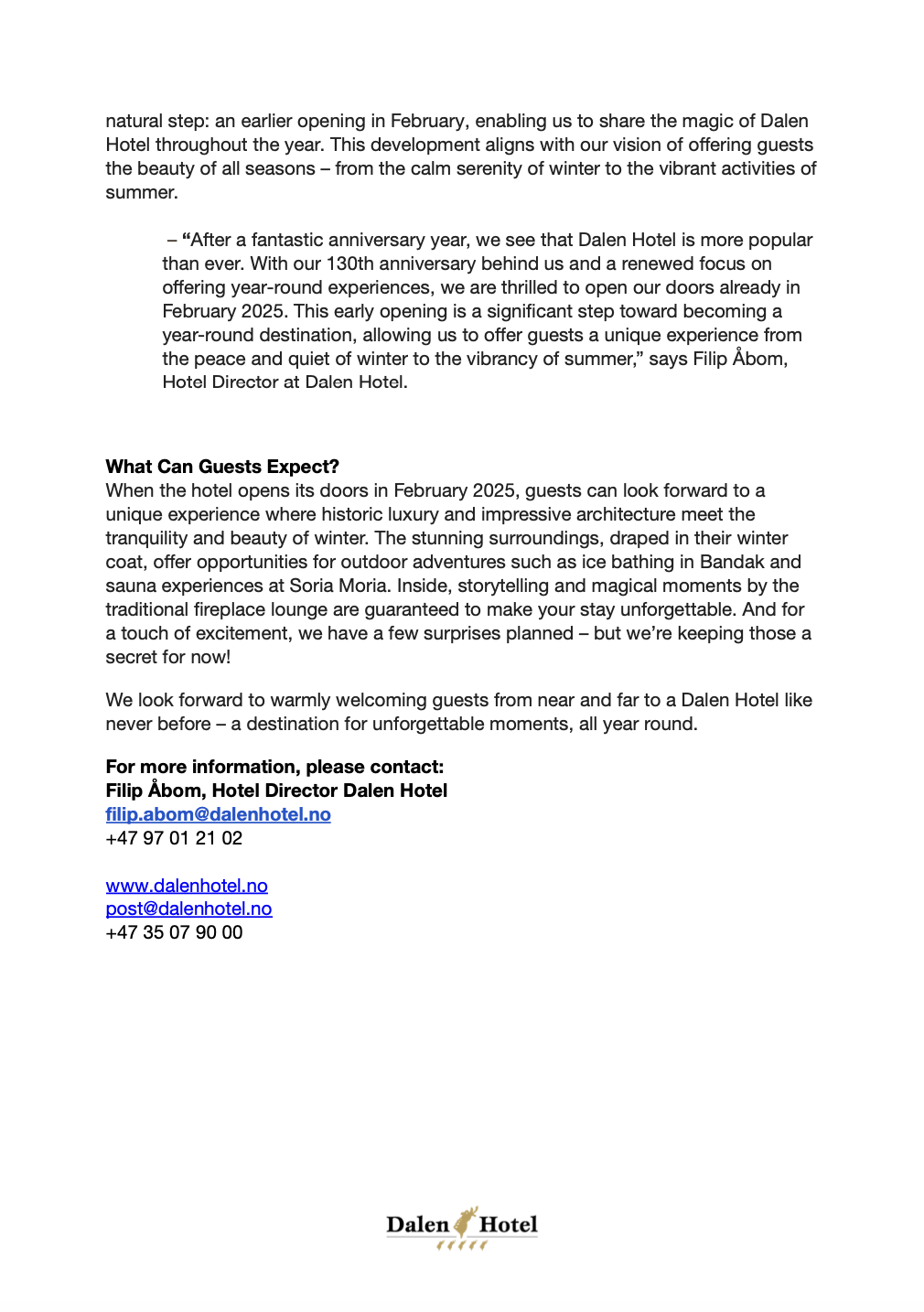 Dalen Hotels opens February 15 2025