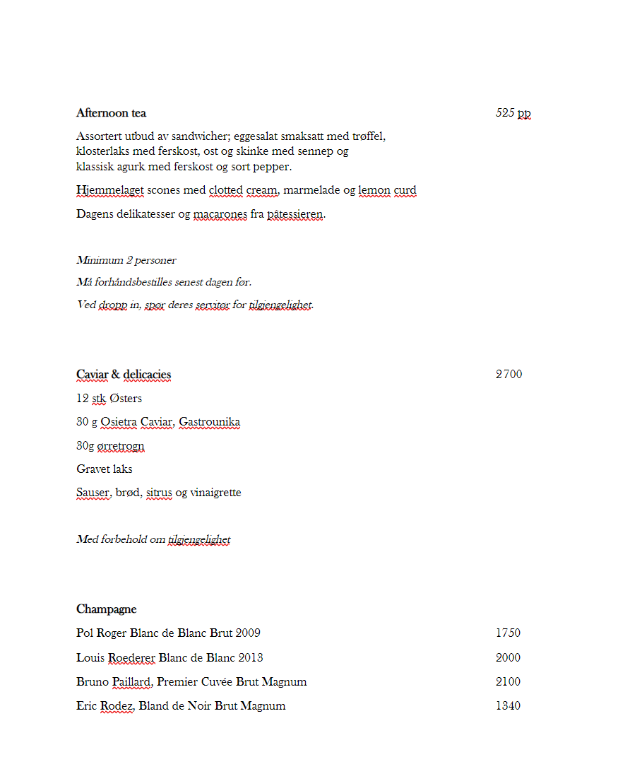 Afternoon tea menu
